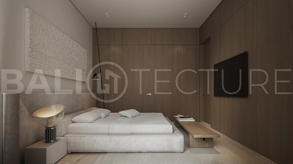 Modern three bedroom villa near Pererenan Beach in Bali, featuring a private pool, tropical landscaping, natural stone and teak wood finishes, panoramic glazing, spacious interiors with a double height ceiling, and a private courtyard.