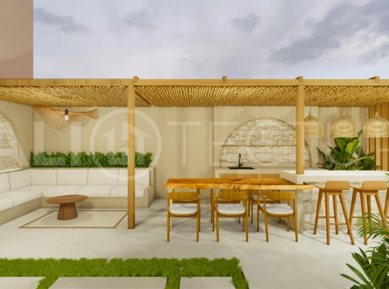 Modern tropical 4-bedroom villa for sale in Cepaka, Kaba Kaba, Bali, featuring natural stone and wood finishes, lush tropical surroundings, landscaped terraces, and a private swimming pool.