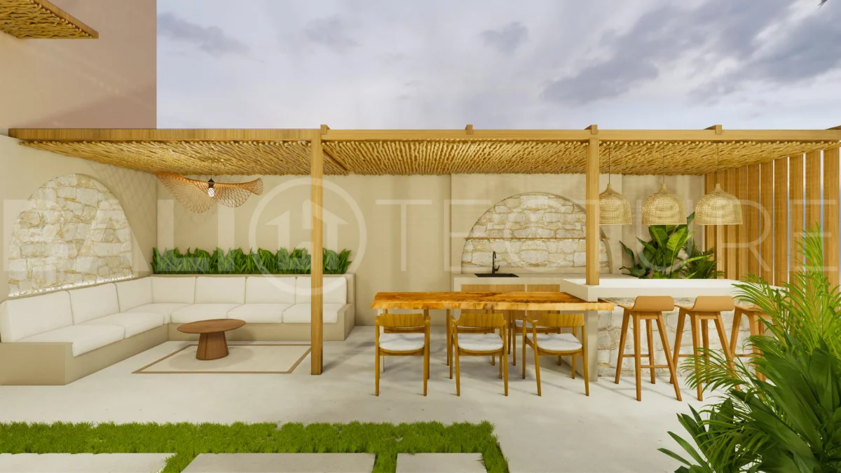 Modern tropical 4-bedroom villa for sale in Cepaka, Kaba Kaba, Bali, featuring natural stone and wood finishes, lush tropical surroundings, landscaped terraces, and a private swimming pool.