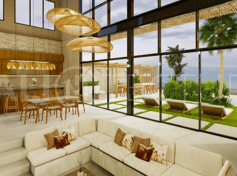 Modern tropical 4-bedroom villa for sale in Cepaka, Kaba Kaba, Bali, featuring natural stone and wood finishes, lush tropical surroundings, landscaped terraces, and a private swimming pool.