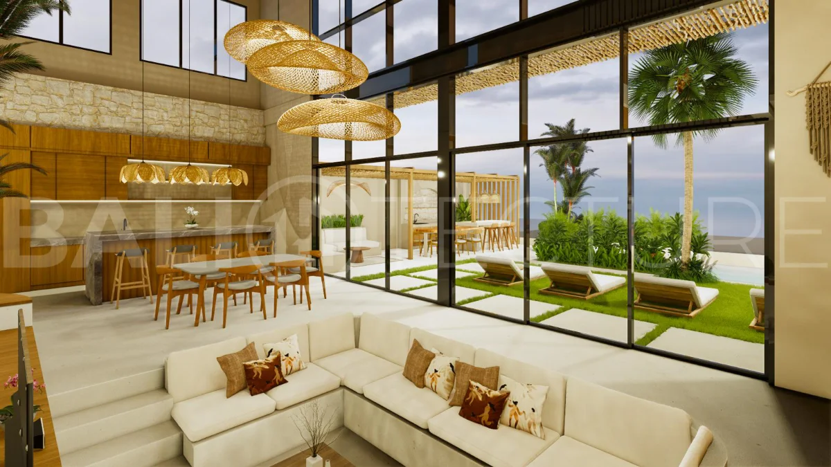 Modern tropical 4-bedroom villa for sale in Cepaka, Kaba Kaba, Bali, featuring natural stone and wood finishes, lush tropical surroundings, landscaped terraces, and a private swimming pool.