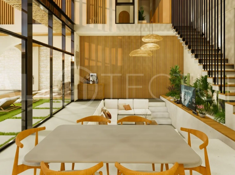 Modern tropical 4-bedroom villa for sale in Cepaka, Kaba Kaba, Bali, featuring natural stone and wood finishes, lush tropical surroundings, landscaped terraces, and a private swimming pool.