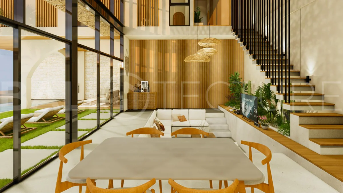 Modern tropical 4-bedroom villa for sale in Cepaka, Kaba Kaba, Bali, featuring natural stone and wood finishes, lush tropical surroundings, landscaped terraces, and a private swimming pool.