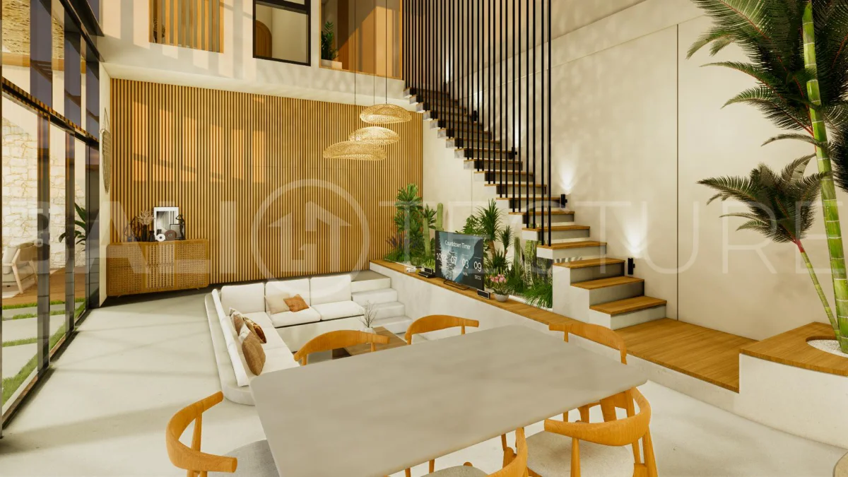 Modern tropical 4-bedroom villa for sale in Cepaka, Kaba Kaba, Bali, featuring natural stone and wood finishes, lush tropical surroundings, landscaped terraces, and a private swimming pool.