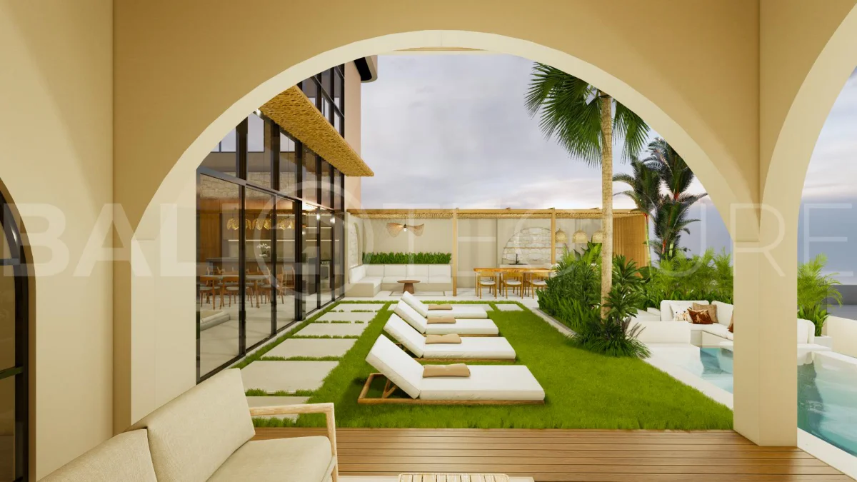 Modern tropical 4-bedroom villa for sale in Cepaka, Kaba Kaba, Bali, featuring natural stone and wood finishes, lush tropical surroundings, landscaped terraces, and a private swimming pool.