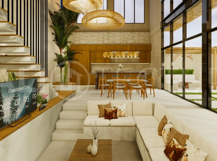Modern tropical 4-bedroom villa for sale in Cepaka, Kaba Kaba, Bali, featuring natural stone and wood finishes, lush tropical surroundings, landscaped terraces, and a private swimming pool.