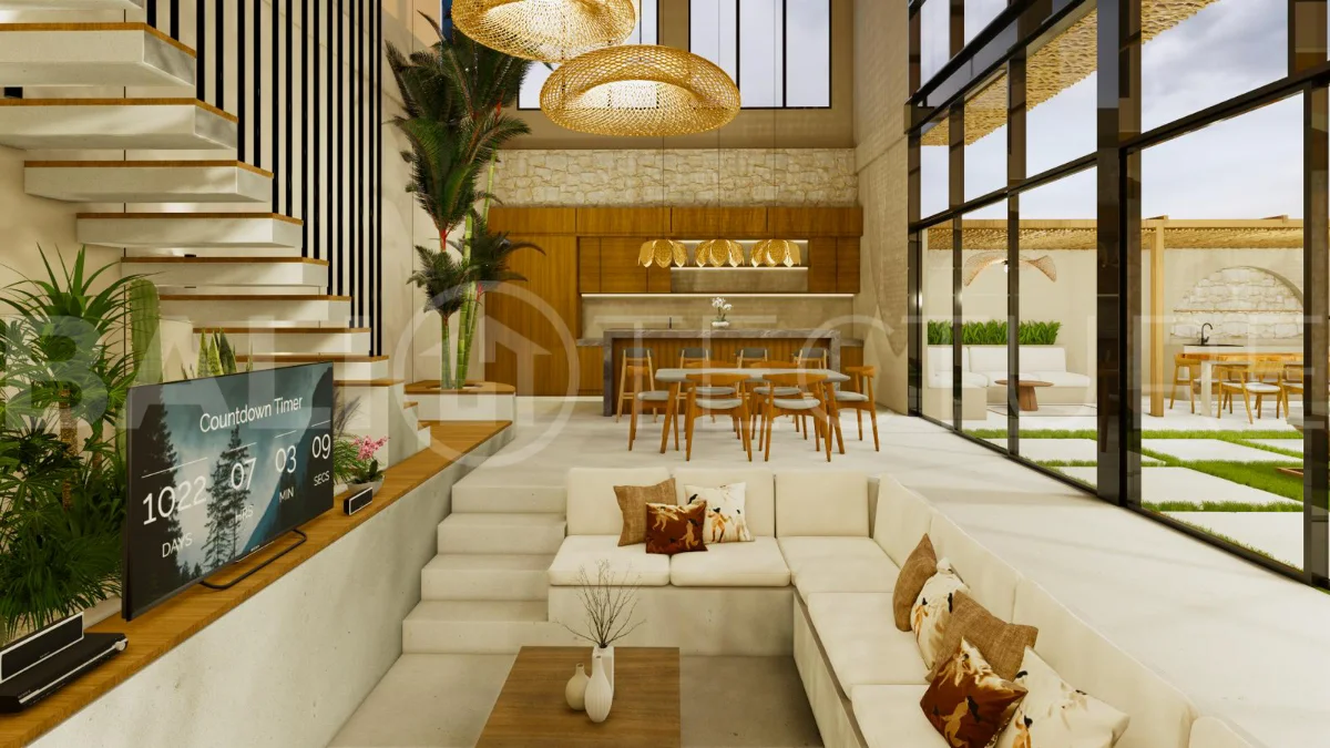 Modern tropical 4-bedroom villa for sale in Cepaka, Kaba Kaba, Bali, featuring natural stone and wood finishes, lush tropical surroundings, landscaped terraces, and a private swimming pool.