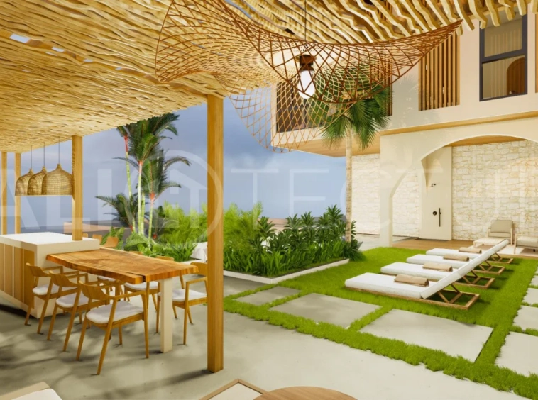 Modern tropical 4-bedroom villa for sale in Cepaka, Kaba Kaba, Bali, featuring natural stone and wood finishes, lush tropical surroundings, landscaped terraces, and a private swimming pool.