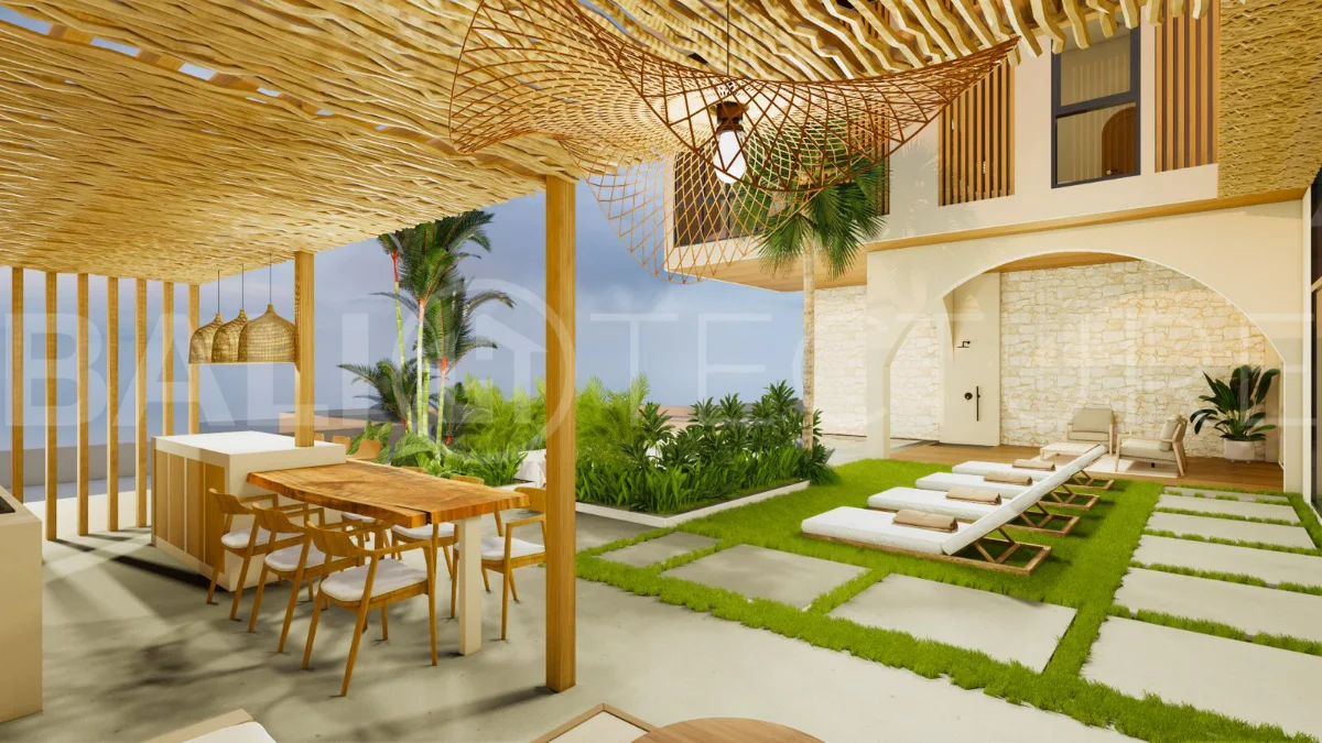 Modern tropical 4-bedroom villa for sale in Cepaka, Kaba Kaba, Bali, featuring natural stone and wood finishes, lush tropical surroundings, landscaped terraces, and a private swimming pool.