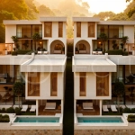 Modern tropical 4-bedroom villa for sale in Cepaka, Kaba Kaba, Bali, featuring natural stone and wood finishes, lush tropical surroundings, landscaped terraces, and a private swimming pool.
