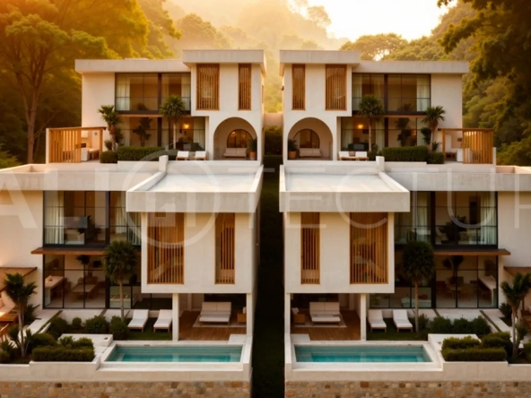 Modern tropical 4-bedroom villa for sale in Cepaka, Kaba Kaba, Bali, featuring natural stone and wood finishes, lush tropical surroundings, landscaped terraces, and a private swimming pool.