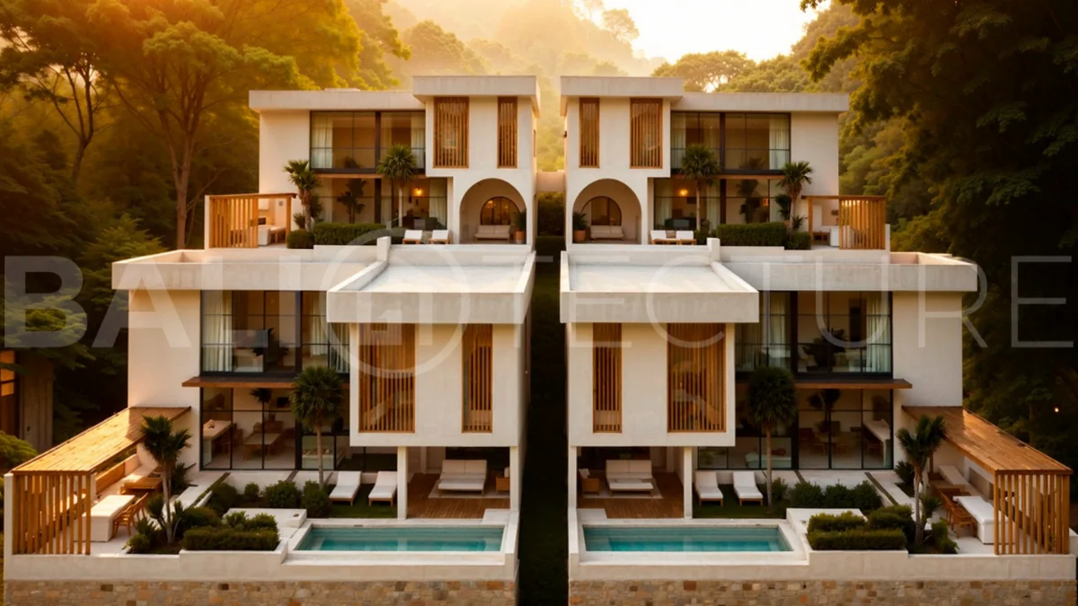 Modern tropical 4-bedroom villa for sale in Cepaka, Kaba Kaba, Bali, featuring natural stone and wood finishes, lush tropical surroundings, landscaped terraces, and a private swimming pool.