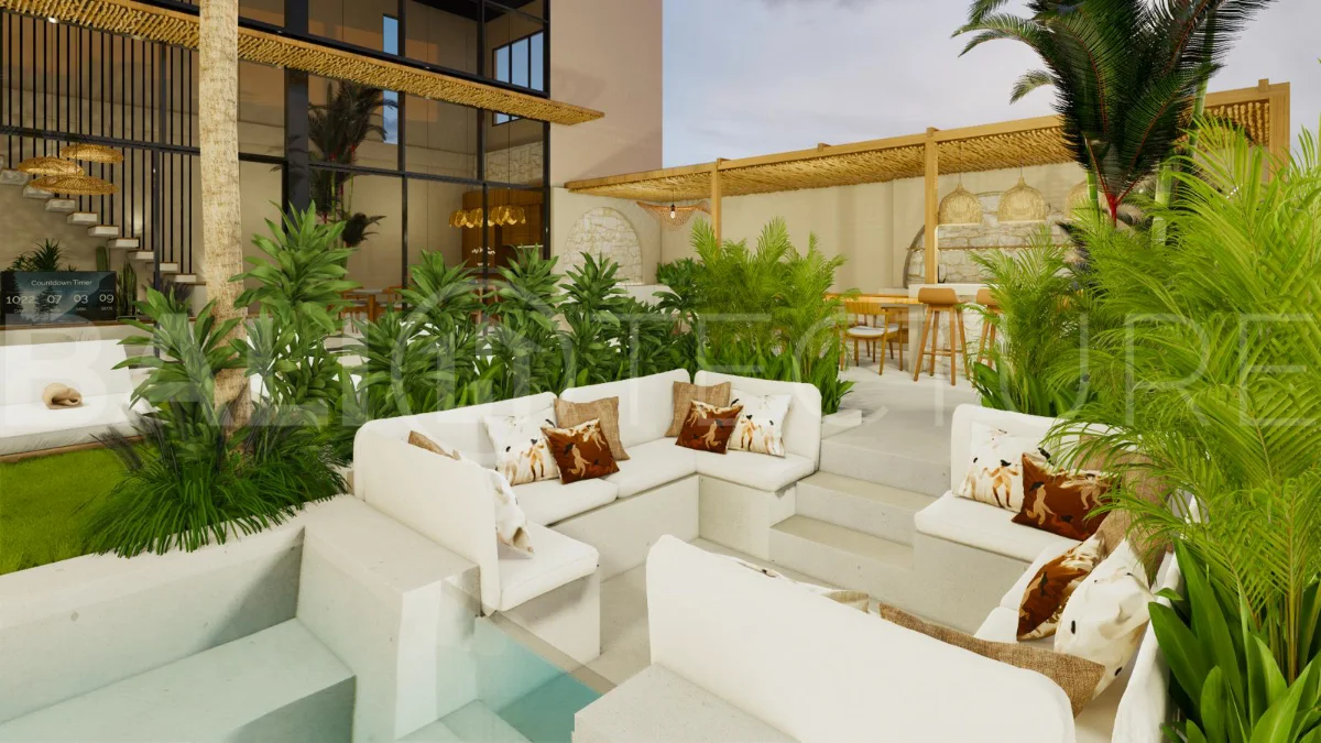 Modern tropical 4-bedroom villa for sale in Cepaka, Kaba Kaba, Bali, featuring natural stone and wood finishes, lush tropical surroundings, landscaped terraces, and a private swimming pool.