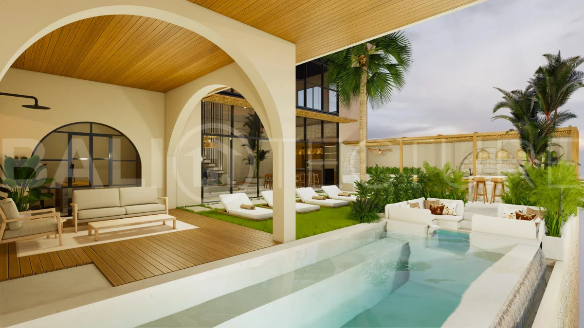 Modern tropical 4-bedroom villa for sale in Cepaka, Kaba Kaba, Bali, featuring natural stone and wood finishes, lush tropical surroundings, landscaped terraces, and a private swimming pool.