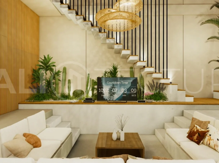 Modern tropical 4-bedroom villa for sale in Cepaka, Kaba Kaba, Bali, featuring natural stone and wood finishes, lush tropical surroundings, landscaped terraces, and a private swimming pool.