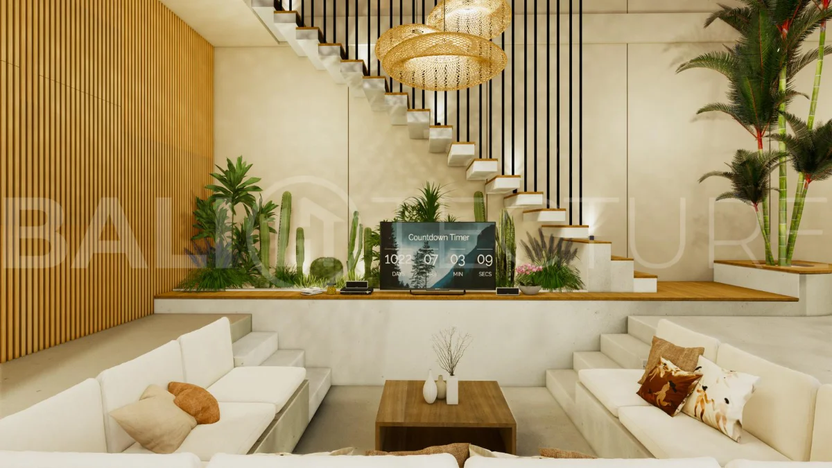 Modern tropical 4-bedroom villa for sale in Cepaka, Kaba Kaba, Bali, featuring natural stone and wood finishes, lush tropical surroundings, landscaped terraces, and a private swimming pool.