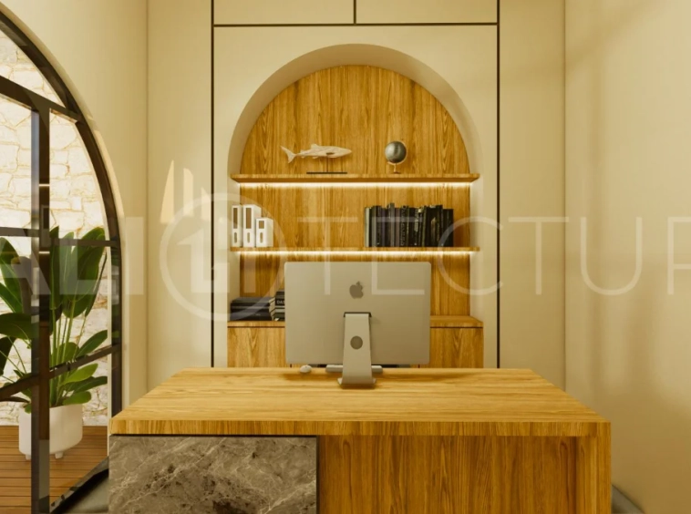 Modern tropical 4-bedroom villa for sale in Cepaka, Kaba Kaba, Bali, featuring natural stone and wood finishes, lush tropical surroundings, landscaped terraces, and a private swimming pool.