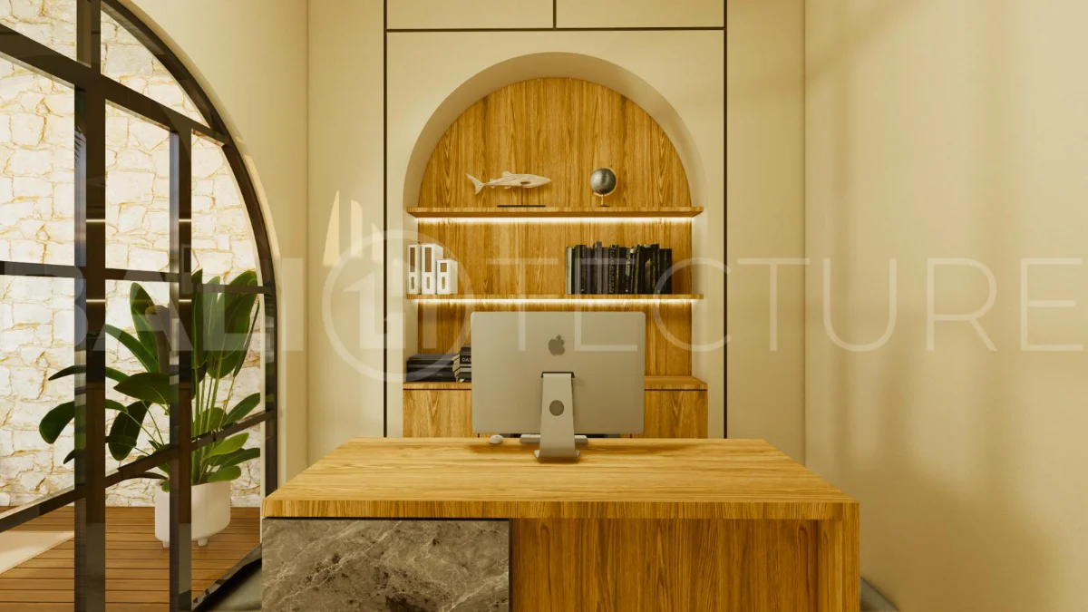 Modern tropical 4-bedroom villa for sale in Cepaka, Kaba Kaba, Bali, featuring natural stone and wood finishes, lush tropical surroundings, landscaped terraces, and a private swimming pool.