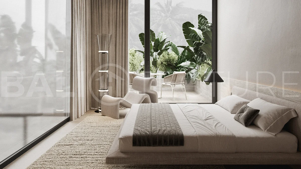 Spacious modern four bedroom villa near Pererenan Beach in Bali, featuring a private swimming pool, tropical landscaping, natural travertine and teak finishes, expansive glazing, elegant interiors, and a landscaped private courtyard.