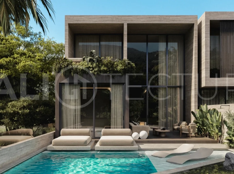 Spacious modern four bedroom villa near Pererenan Beach in Bali, featuring a private swimming pool, tropical landscaping, natural travertine and teak finishes, expansive glazing, elegant interiors, and a landscaped private courtyard.