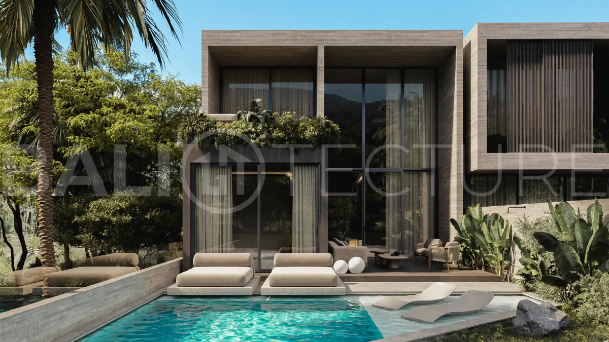 Spacious modern four bedroom villa near Pererenan Beach in Bali, featuring a private swimming pool, tropical landscaping, natural travertine and teak finishes, expansive glazing, elegant interiors, and a landscaped private courtyard.