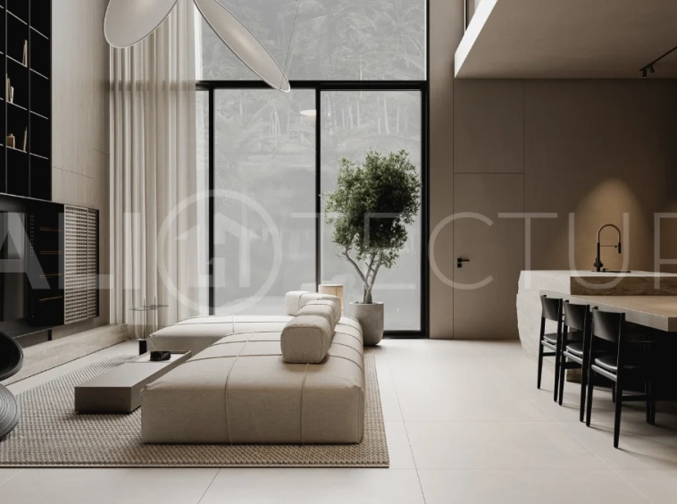 Spacious modern four bedroom villa near Pererenan Beach in Bali, featuring a private swimming pool, tropical landscaping, natural travertine and teak finishes, expansive glazing, elegant interiors, and a landscaped private courtyard.