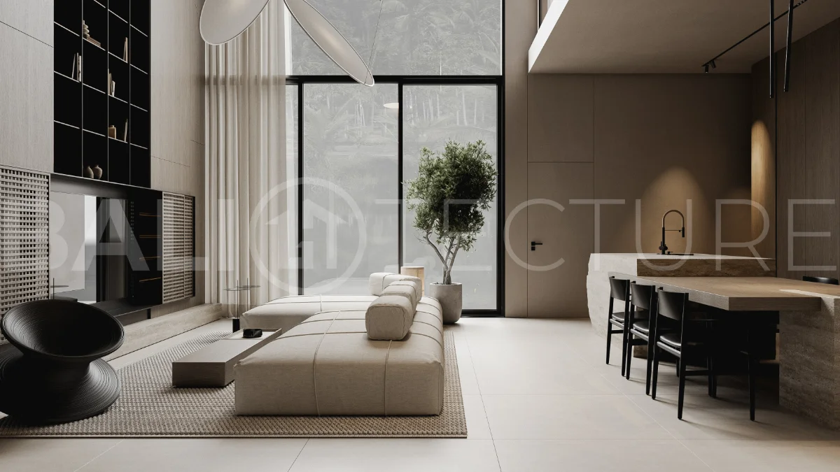 Spacious modern four bedroom villa near Pererenan Beach in Bali, featuring a private swimming pool, tropical landscaping, natural travertine and teak finishes, expansive glazing, elegant interiors, and a landscaped private courtyard.