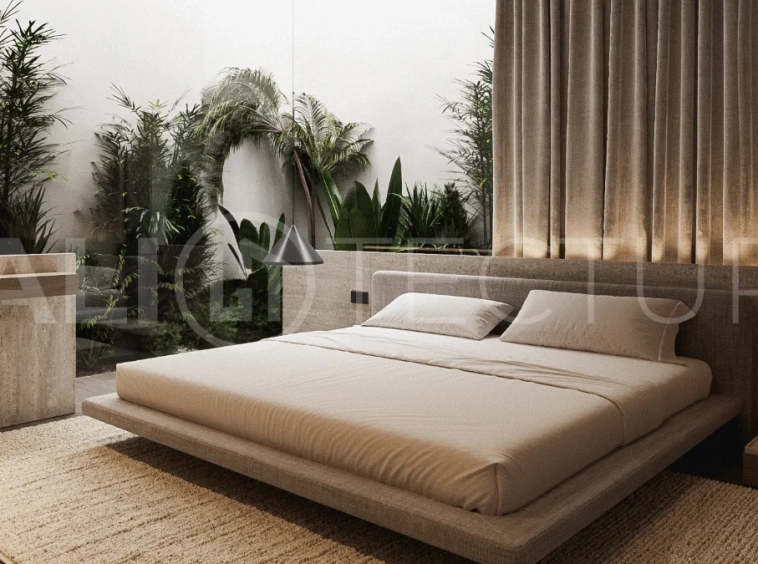 Spacious modern four bedroom villa near Pererenan Beach in Bali, featuring a private swimming pool, tropical landscaping, natural travertine and teak finishes, expansive glazing, elegant interiors, and a landscaped private courtyard.