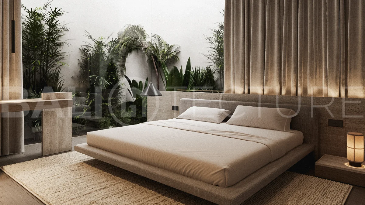 Spacious modern four bedroom villa near Pererenan Beach in Bali, featuring a private swimming pool, tropical landscaping, natural travertine and teak finishes, expansive glazing, elegant interiors, and a landscaped private courtyard.