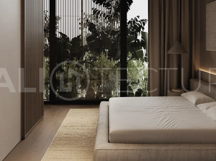 Modern two bedroom villa near Pererenan Beach in Bali, featuring a private pool, tropical landscaping, natural stone and teak wood finishes, panoramic windows, stylish interiors, and a private courtyard.