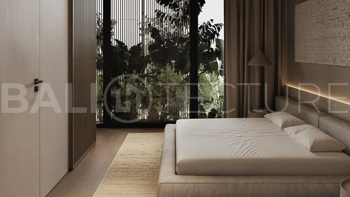 Modern two bedroom villa near Pererenan Beach in Bali, featuring a private pool, tropical landscaping, natural stone and teak wood finishes, panoramic windows, stylish interiors, and a private courtyard.