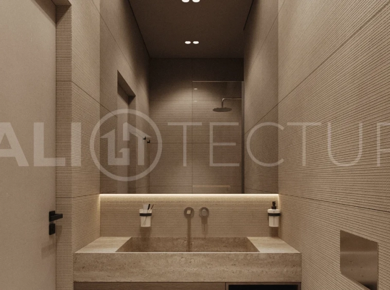 Modern two bedroom villa near Pererenan Beach in Bali, featuring a private pool, tropical landscaping, natural stone and teak wood finishes, panoramic windows, stylish interiors, and a private courtyard.