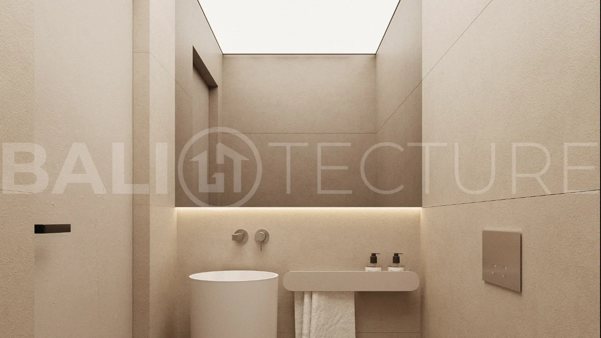 Modern two bedroom villa near Pererenan Beach in Bali, featuring a private pool, tropical landscaping, natural stone and teak wood finishes, panoramic windows, stylish interiors, and a private courtyard.