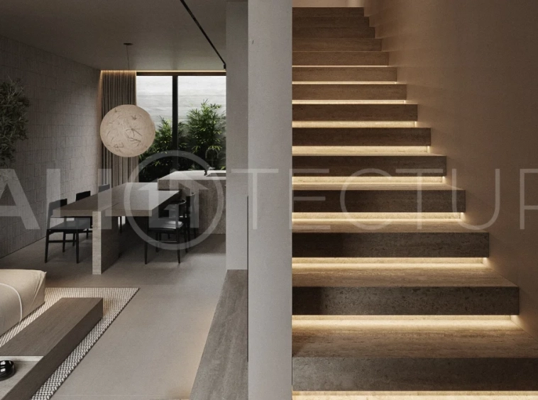 Modern two bedroom villa near Pererenan Beach in Bali, featuring a private pool, tropical landscaping, natural stone and teak wood finishes, panoramic windows, stylish interiors, and a private courtyard.