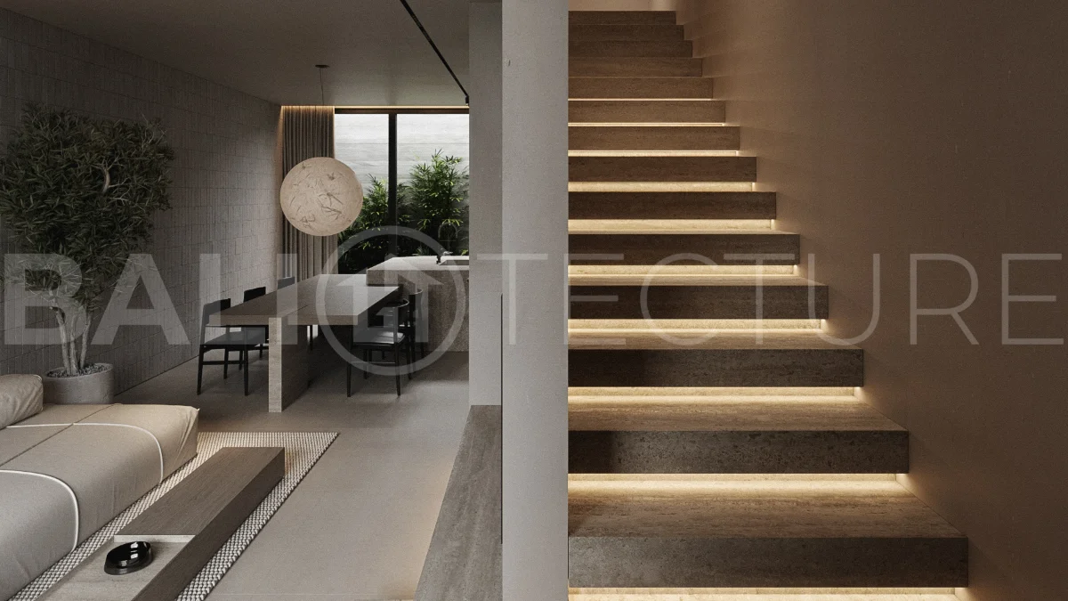 Modern two bedroom villa near Pererenan Beach in Bali, featuring a private pool, tropical landscaping, natural stone and teak wood finishes, panoramic windows, stylish interiors, and a private courtyard.