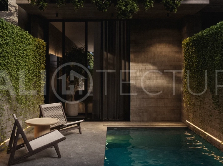 Modern two bedroom villa near Pererenan Beach in Bali, featuring a private pool, tropical landscaping, natural stone and teak wood finishes, panoramic windows, stylish interiors, and a private courtyard.