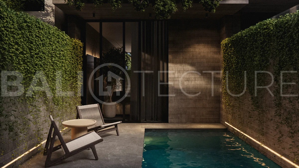 Modern two bedroom villa near Pererenan Beach in Bali, featuring a private pool, tropical landscaping, natural stone and teak wood finishes, panoramic windows, stylish interiors, and a private courtyard.