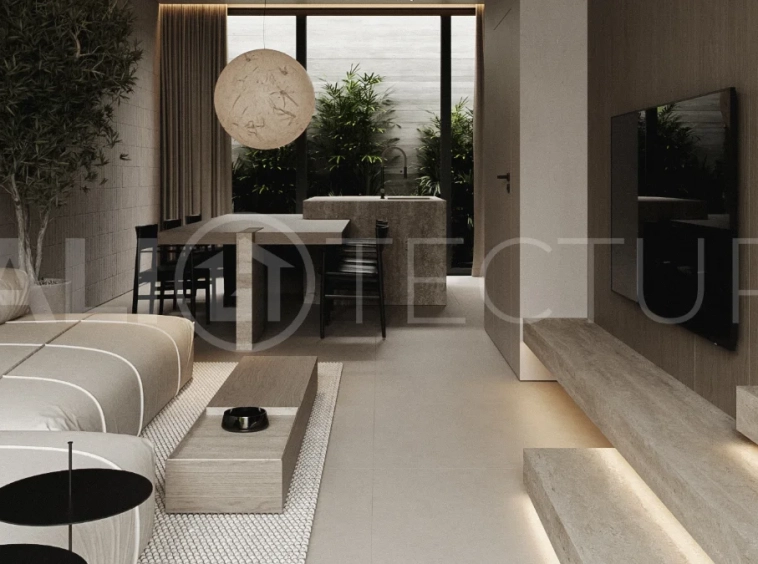 Modern two bedroom villa near Pererenan Beach in Bali, featuring a private pool, tropical landscaping, natural stone and teak wood finishes, panoramic windows, stylish interiors, and a private courtyard.