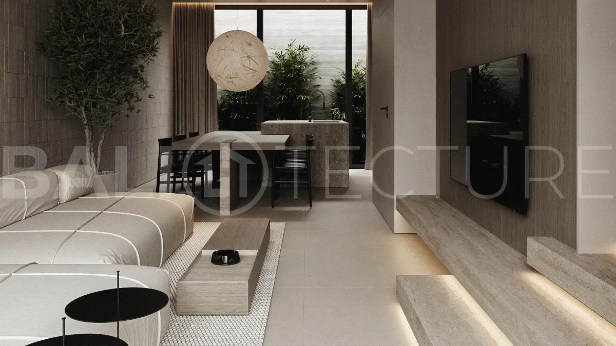 Modern two bedroom villa near Pererenan Beach in Bali, featuring a private pool, tropical landscaping, natural stone and teak wood finishes, panoramic windows, stylish interiors, and a private courtyard.