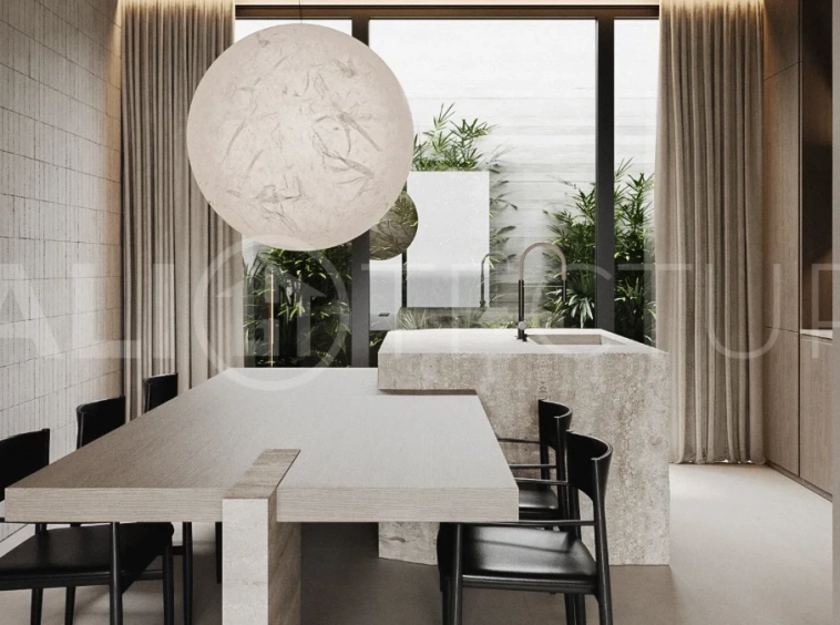 Modern two bedroom villa near Pererenan Beach in Bali, featuring a private pool, tropical landscaping, natural stone and teak wood finishes, panoramic windows, stylish interiors, and a private courtyard.