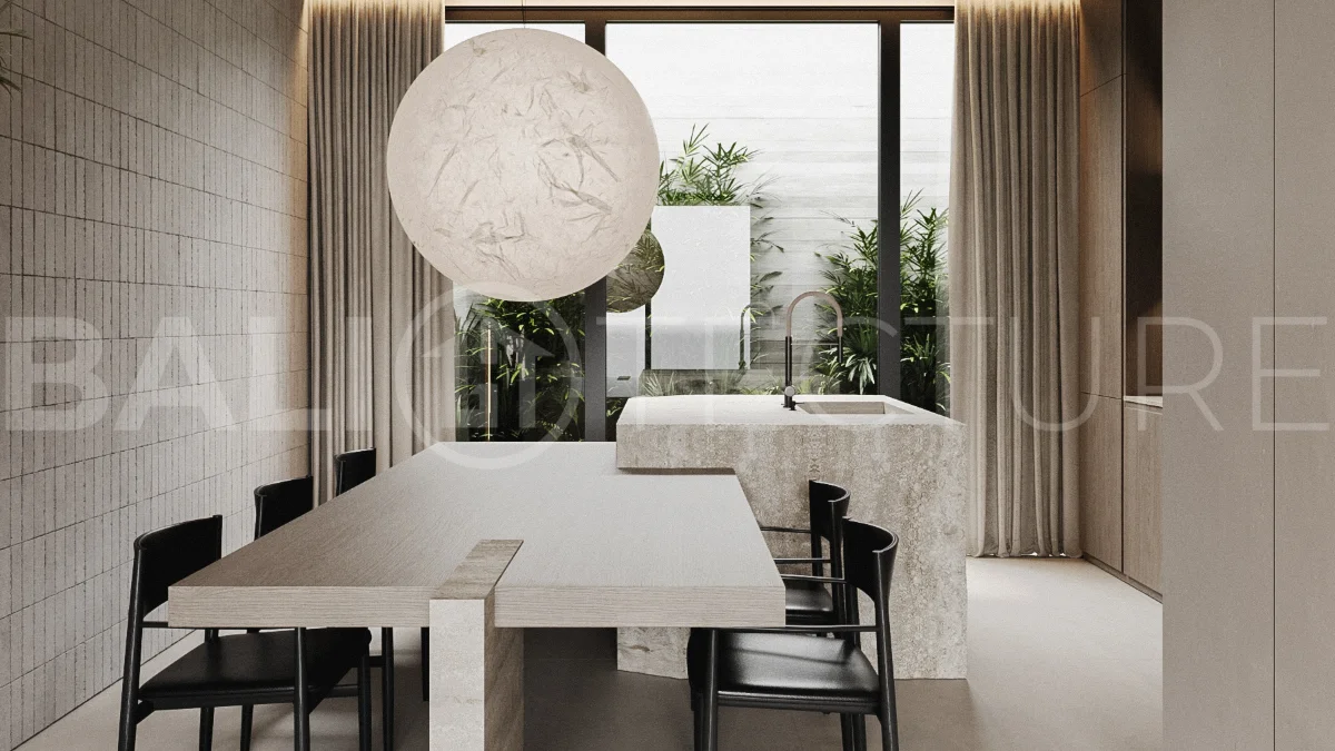 Modern two bedroom villa near Pererenan Beach in Bali, featuring a private pool, tropical landscaping, natural stone and teak wood finishes, panoramic windows, stylish interiors, and a private courtyard.