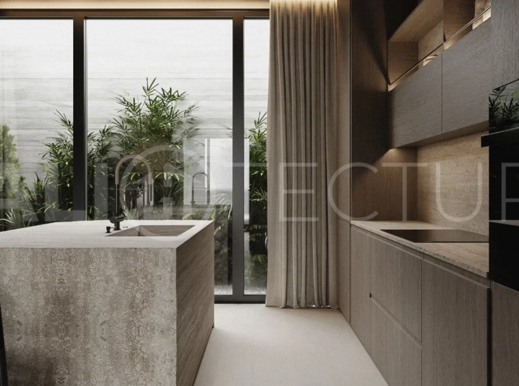 Modern two bedroom villa near Pererenan Beach in Bali, featuring a private pool, tropical landscaping, natural stone and teak wood finishes, panoramic windows, stylish interiors, and a private courtyard.