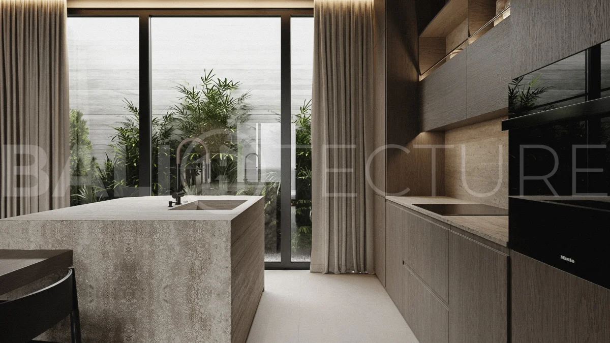Modern two bedroom villa near Pererenan Beach in Bali, featuring a private pool, tropical landscaping, natural stone and teak wood finishes, panoramic windows, stylish interiors, and a private courtyard.