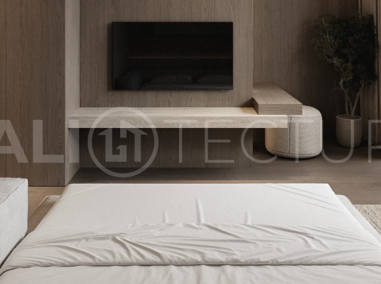 Modern two bedroom villa near Pererenan Beach in Bali, featuring a private pool, tropical landscaping, natural stone and teak wood finishes, panoramic windows, stylish interiors, and a private courtyard.