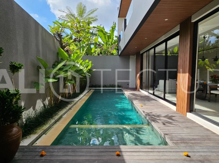 Modern two-storey villa on 200 m² freehold land featuring 3 bedrooms, 3 bathrooms, a powder room, private 2.5 m x 9 m swimming pool, warehouse, and parking for two cars.