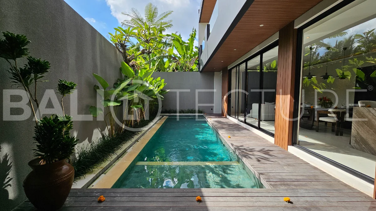 Modern two-storey villa on 200 m² freehold land featuring 3 bedrooms, 3 bathrooms, a powder room, private 2.5 m x 9 m swimming pool, warehouse, and parking for two cars.