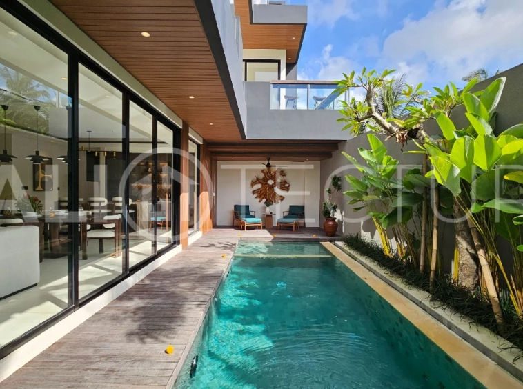 Modern two-storey villa on 200 m² freehold land featuring 3 bedrooms, 3 bathrooms, a powder room, private 2.5 m x 9 m swimming pool, warehouse, and parking for two cars.