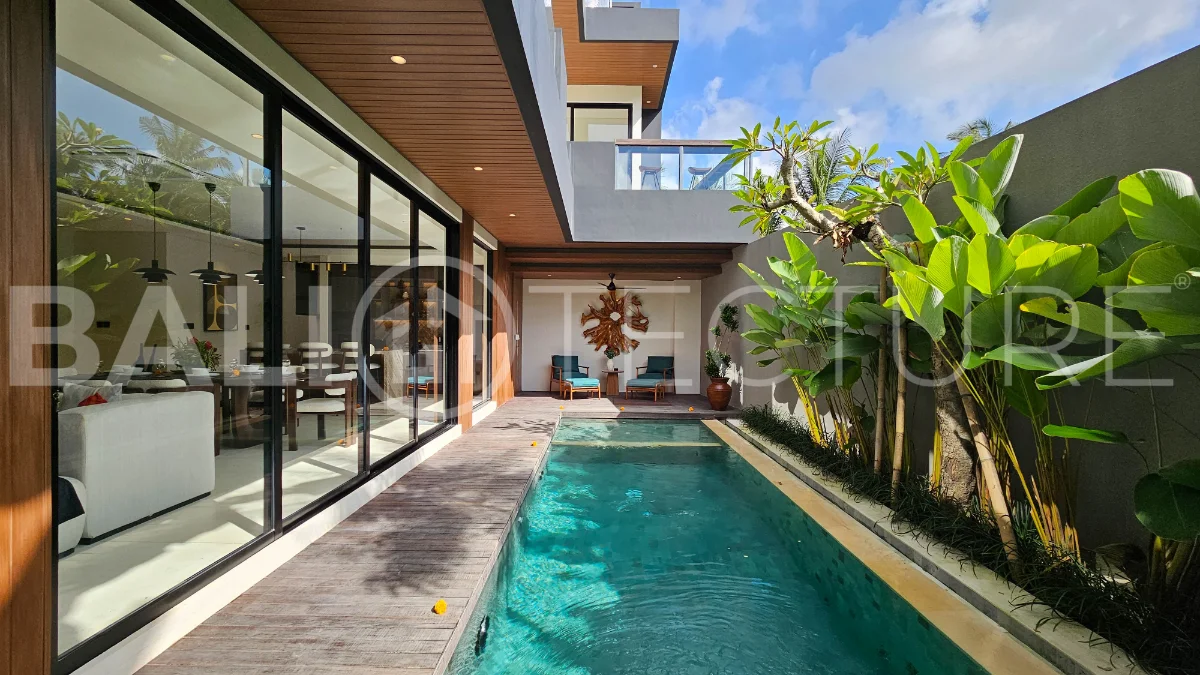 Modern two-storey villa on 200 m² freehold land featuring 3 bedrooms, 3 bathrooms, a powder room, private 2.5 m x 9 m swimming pool, warehouse, and parking for two cars.