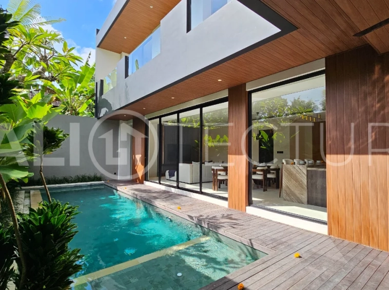 Modern two-storey villa on 200 m² freehold land featuring 3 bedrooms, 3 bathrooms, a powder room, private 2.5 m x 9 m swimming pool, warehouse, and parking for two cars.