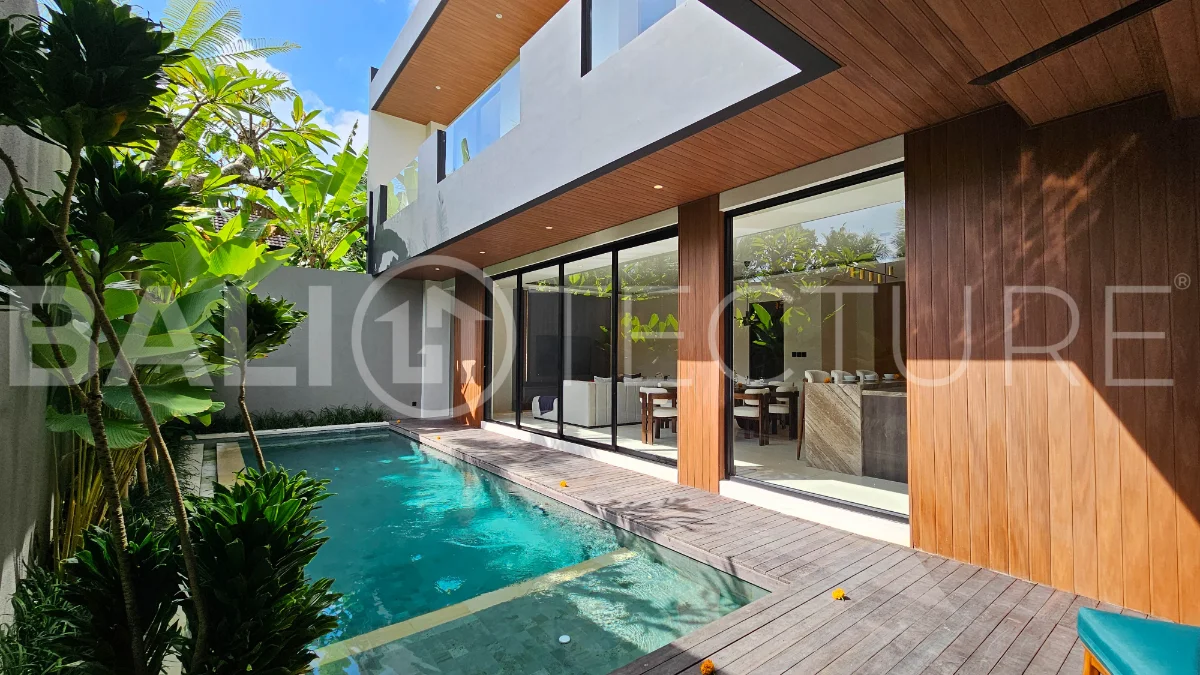 Modern two-storey villa on 200 m² freehold land featuring 3 bedrooms, 3 bathrooms, a powder room, private 2.5 m x 9 m swimming pool, warehouse, and parking for two cars.